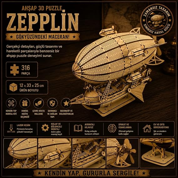 AlgWoodDesign Zeppelin Ahşap Maket Seti 316 Parça – DIY 3D Puzzle Steampunk Hava Gemisi Koleksiyoner Modeli