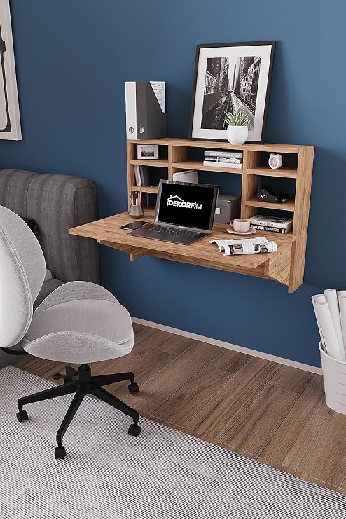 DF01104CM Duvara Monte Katlanır Çalışma Masası – Raflı Duvar Masası, Minimal Tasarım Atlantik Çam