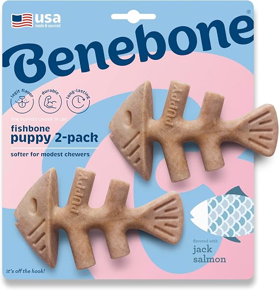 Benebone Puppy Tiny 2-Pack Fishbone for Modest Chewers, Teething Boredom Breaker for Puppies, Real Jack Salmon Flavour, For Extra Small Dogs, Made in the USA