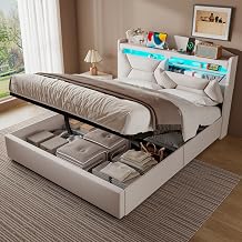 Double Bed Frame 4ft6 with LED, USB C, Ottoman Bed Double with Lift Up Storage and Headboard, Beds, Frames and Bases with Slats and Metal Bedframe, Linen, Beige, 135x190 cm, Without Mattress