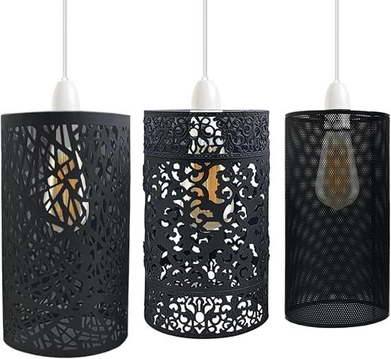 3 Style Pattern Black Lamp Cage - Metal Drum Pendant Lampshade, Industrial Wire Cage Ceiling Light Shade, E27 Bulb Cover, Vintage Hanging Light Fixture for Home Interior Lighting Decoration