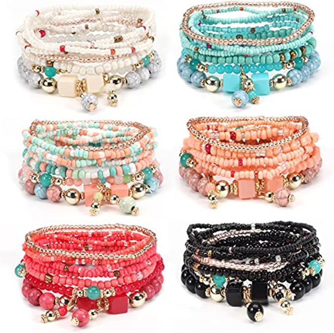 Stackable Bracelets For Women 6 Sets/48 Pcs Boho Bracelets for Women 8 Layers Stackable Wrap Bohemian Style Beaded Colorful Jewelry