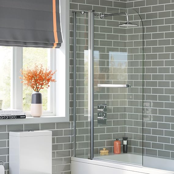 iBathUK Bath Screen Shower Screen for Bath 180 Degree Pivot 6mm Tempered Glass Shelf Door Panel with Rounded Corners Handrail - 1000mm