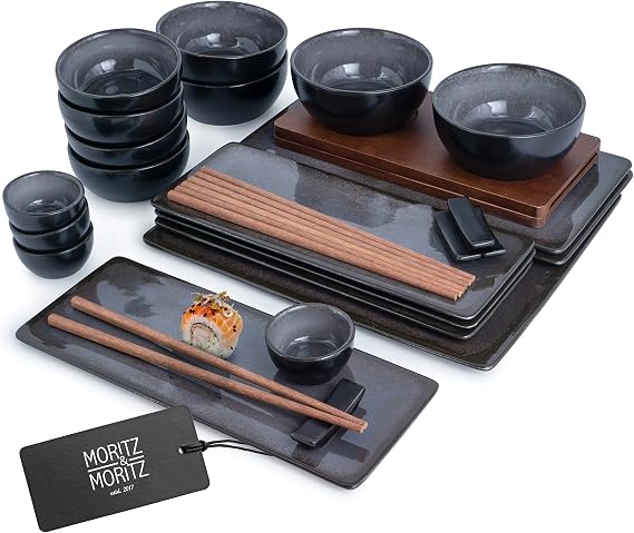 Moritz & Moritz VIDA 29-Piece Sushi Set for 4 - Large Japanese Dinnerware Set with Sushi Plates, Miso Bowls, Dipping Dishes & Chopsticks - Elegant Sushi Serving Set in Anthracite and Natural Wood