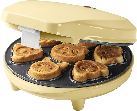 Bestron Waffle Maker for Mini-Cookies, Mini-Cookie with Animal Motif, Waffle Iron for Mini-Cookies, with Baking Pad and Non-Stick Coating, 700 W, Colour: Yellow
