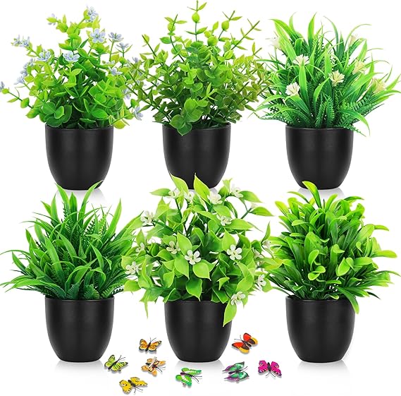 6 Pcs Small Fake Plants in Pots, Small Artificial Plants Indoor Outdoor, 6 Different Shaped Plastic Flowers Plants, Bathroom Plants for Home Garden Office Desk Shower Room Decoration