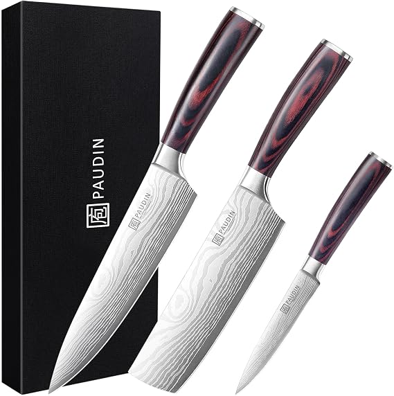 PAUDIN Professional Kitchen Knife Set, 3 Pieces, Stainless Steel Utensils, Wooden Handle, Universal Chef Knives for Cutting Meat Vegetables Bread Cheese