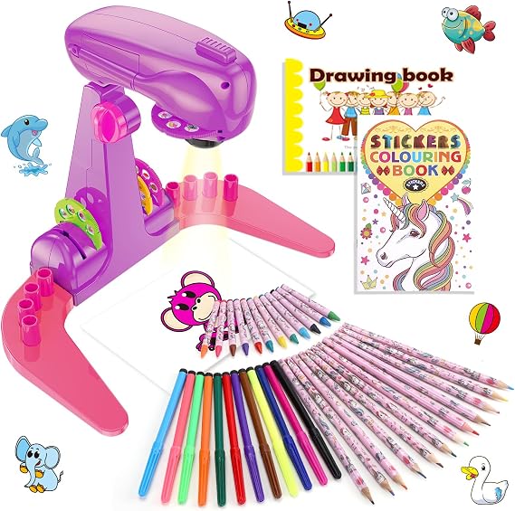 Sumsoltic Girls Drawing Projector Toy for Kids with Water Colour Pens, Unicorn Colouring Book, Drawing Pad and Ruler, 72 Patterns Art Painting Set, Educational Toys for 3 4 5 6 Years Old Girls