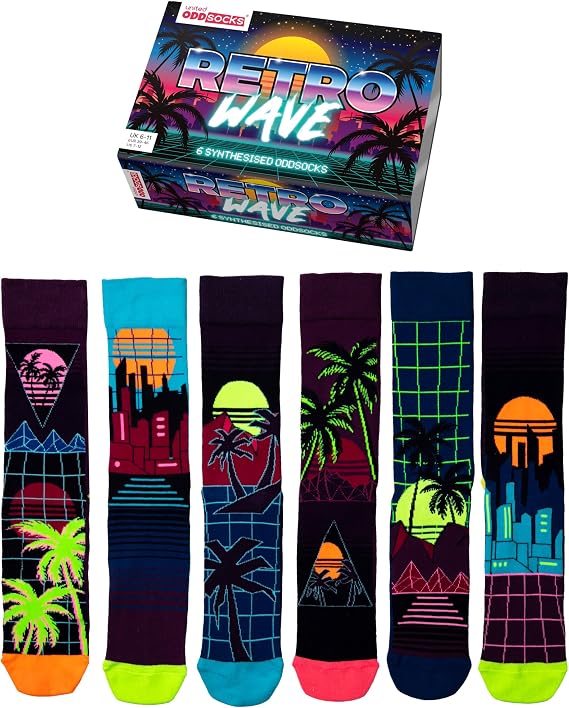 United Oddsocks Retro Wave - 6 Synthesised Oddsocks Gift Set for Men