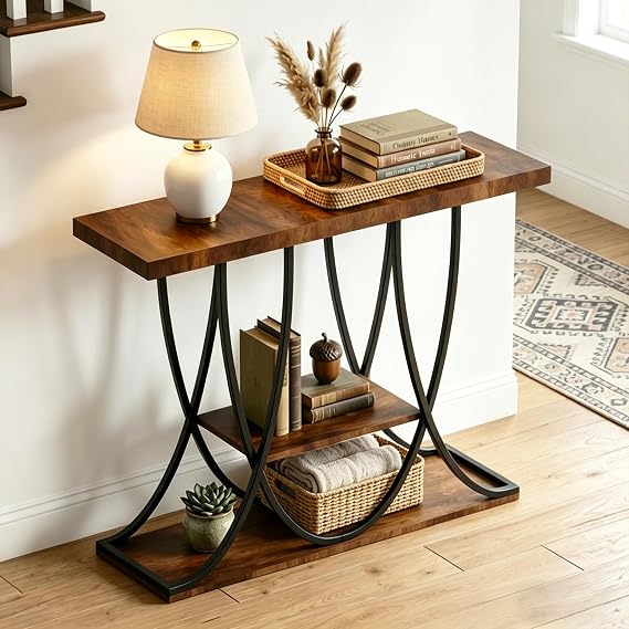 3-Tier Console Table with Curved Metal Frame, Black