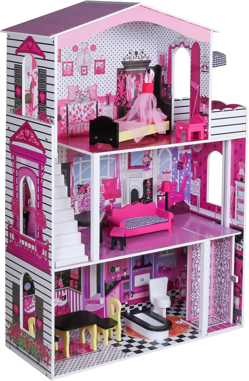 Large Wooden Play Doll House With Accessories & Furniture Role Play Doll House 4 Designs Christmas, Birthday Girls Gift Design 4