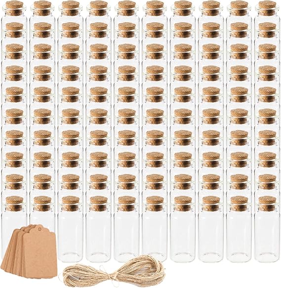 Kingrol 100 Pack 10ml Glass Bottles Wish Bottles with Cork Stoppers, Mini Bottle with Personalized Label Tags and String for Arts Crafts Projects, Decoration, Party Favors