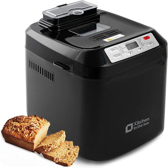 Kitchen in the box Bread Maker Machine, 12-in-1 Breadmaker: Gluten-Free, Wholemeal, Crust Control, Auto Fruit & Nut Dispenser, Non-Stick Pan, 2 Loaf Sizes (2 lb), 13H Delay & 1H Keep Warm (Black)