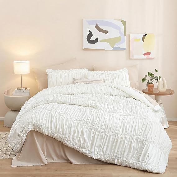 weigelia Cinched Comforter Set Full - 3PCS Soft Cozy Cream White Full Bedding Set with Decorative Ruched Design, Fluffy Lightweight All Season Cute Comforter for Elegant Home & Bedroom Decor