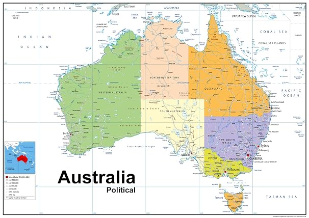 Australia Political Map - Size A1-59.4 x 84.1 cm - Vinyl