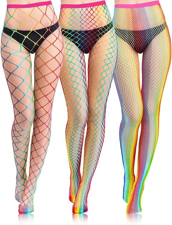 3 Pack Fishnet Tights for Women, Colourful Fishnet Stockings, Nylon Stockings for Party & Stage Outfits, High-Waisted Lingerie with Elastic Waistband, Lace Tights for Sexy Look,