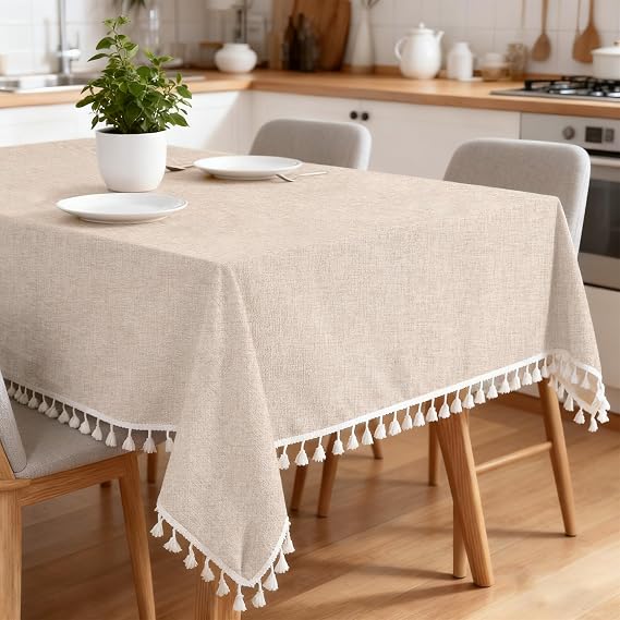 Tablecloth for Rectangle Table, Cotton Linen Tassel Tablecloth Beige