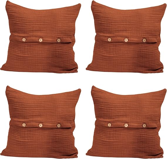 Lüks Müslin Dekoratif Yastık Kılıfları 4 Adet Set 45x45 cm, 100% Pamuk 4-Katlı Muslin Kumaş Yumuşak Kırlent ve Minder Kılıfı (Tarçın Kahve, 45x45 cm (4 Adetli Set))