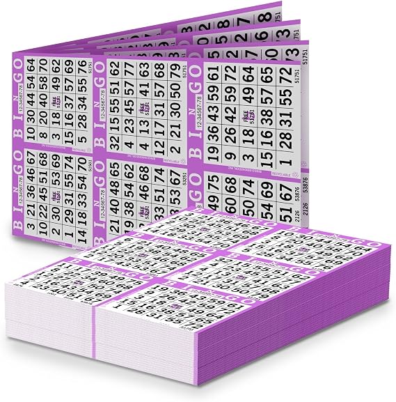 Bingo Paper Sheets 6 Faces, 12" x 8" Pack of 500 Disposable Bingo Cards Recyclable Dauber Paper for Seniors, Adults & Community Events (Purple)
