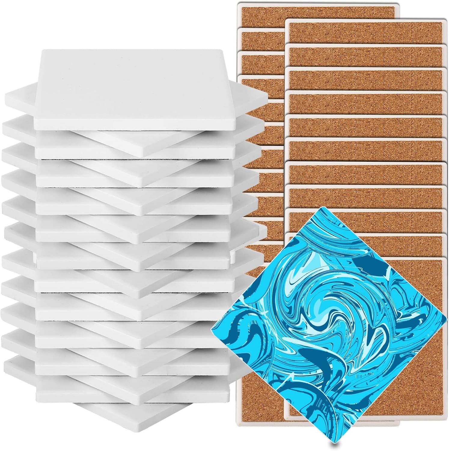 Ceramic Tiles for Crafts, GOH DODD 24 Pack Unglazed Blank Coasters Paint Your Own Coasters White Tiles with 24 Cork Backings for Alcohol Ink, Painting, Acrylic Pouring, Square, 4 Inch