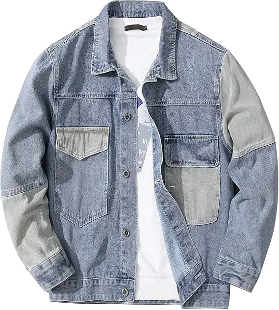 Jeans Jacket Men's Spring Autumn Transition Jacket Hip Hop Style Long Sleeve Denim Jacket Outwear Loose Vintage Denim Coat Patchwork Denim Jacket with Button