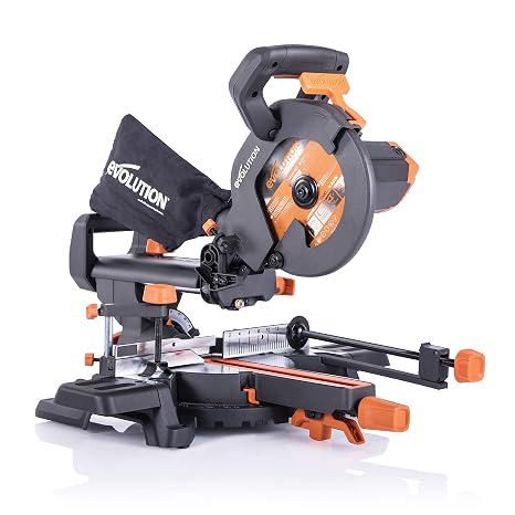 Evolution Power Tools R210SMS+ 210 mm Multi-Material Sliding Miter with Plus Package, Cuts Mild Steel, Aluminum, Plastic, Wood with Embedded Nails, 230 V