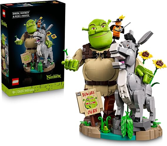 LEGO Shrek: Shrek Donkey and the Puss in Boots - Film Model Making for Adults - Exhibition Set with 3 Figures as DIY Decoration for Shelf or Desk - Nostalgic Gift Idea for Fans - 72423