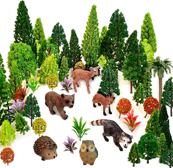 48pcs Animal Trees, Ho Scale Bushes with Animals Figures, Plastic Trees for Projects 1.5-6 inch(4-16 cm), Model Train Scenery