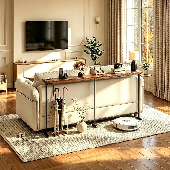 Slim Console Table with Power Outlet, Narrow Sofa Back Table