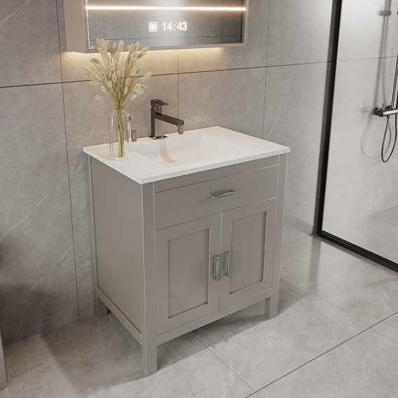 Grey Freestanding Solid Wood Premium Grade Bath Vanity Tip-Out Drawer Sink Cabinet Without Top in 24"/30"/36" W (Light Grey Newport, 30" Wx21 Dx34.5 H)