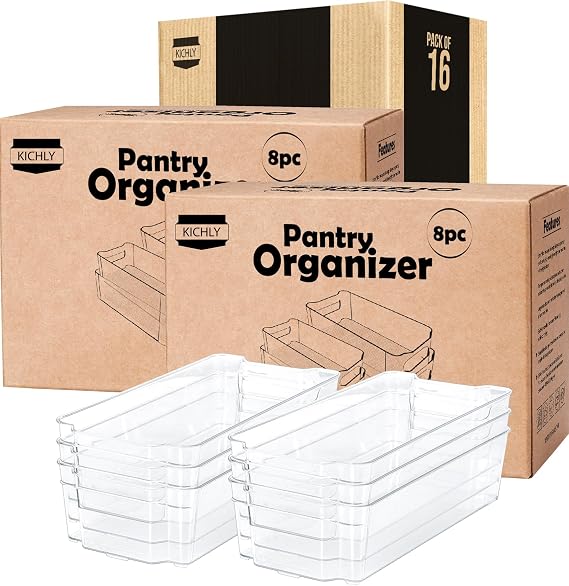 KICHLY Stackable Fridge Organisers - Set of 16 Storage Containers with Handles - Multipurpose Organizer Boxes For Kitchen, Fridge, Cupboard, Snacks, Cans, Tins, Pantry, Under Sink - BPA Free (Clear)