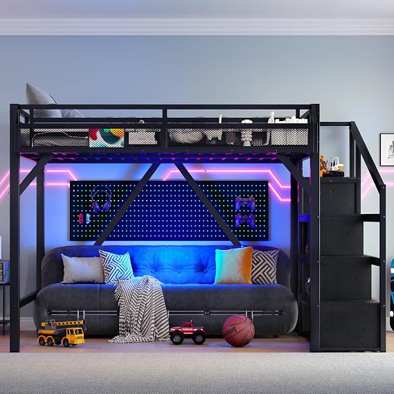 Queen Loft Bed with Convertible Storage Stairs, Shelves and Built-in Wardrobe, Metal Loft Bed Frame with USB Ports and LED for Boys, Girls, Adults, Easy Assembly, Black Woodgrain,