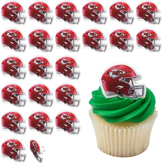 DecoPac NFL カンザスシティチーフス ヘルメットリング、24 フットボールカップケーキデコレーション、公式ライセンス、フットボールリング、食品安全ケーキトッパー - 24パック