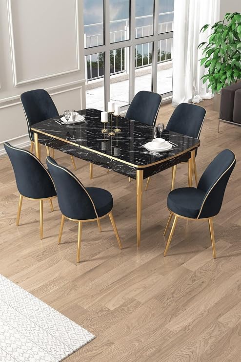 Pale Serisi 80x132 cm Açılabilir Siyah Mermer Desen Mutfak Masa Takımı, 6 Antrasit Sandalye, Gold Detay