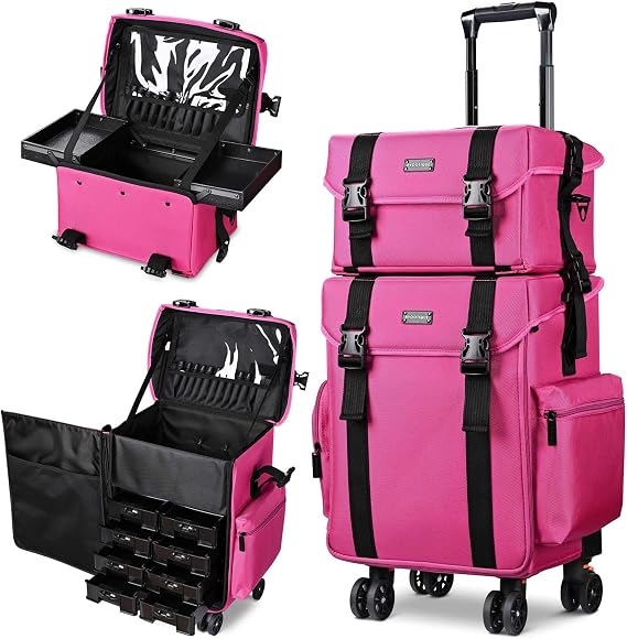 Byootique 2in1 Soft Sided Rolling Makeup Case Soft Sided Cosmetic Train Case Removable Organizer Deep Pink