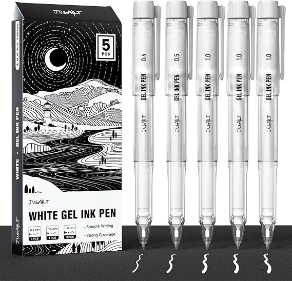JusArt White Gel Pens for Art with Assorted Tips, 5 Pack