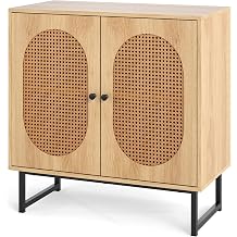 GiantexUK Kitchen Buffet Sideboard, Wooden Storage Cabinet with 2 PE Rattan Doors, Adjustable Shelves & Metal Legs, Display Cupboard for Dining Living Room Hallway (Natural)