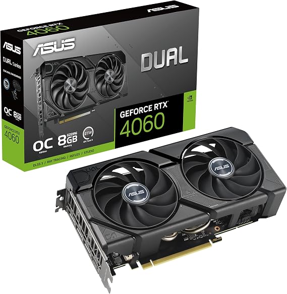 ASUS Dual GeForce RTX 4060 EVO OC Edition 8GB GDDR6 (PCIe 4.0, 8GB GDDR6, DLSS 3, HDMI 2.1a, DisplayPort 1.4a, Axial-Tech Fan Design, 0dB Technology, Dual BIOS, Auto-Extreme Technology)