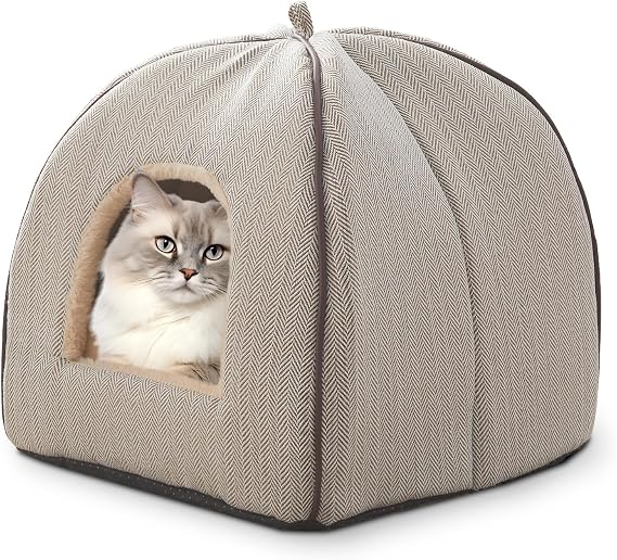 Cat Bed Cave, Cat Bed for Indoor Cats,Cat House Cats Tent with Removable Washable Cushioned Pillow, Soft Kitten beds (Beige,38.1x38.1x38.1cm))
