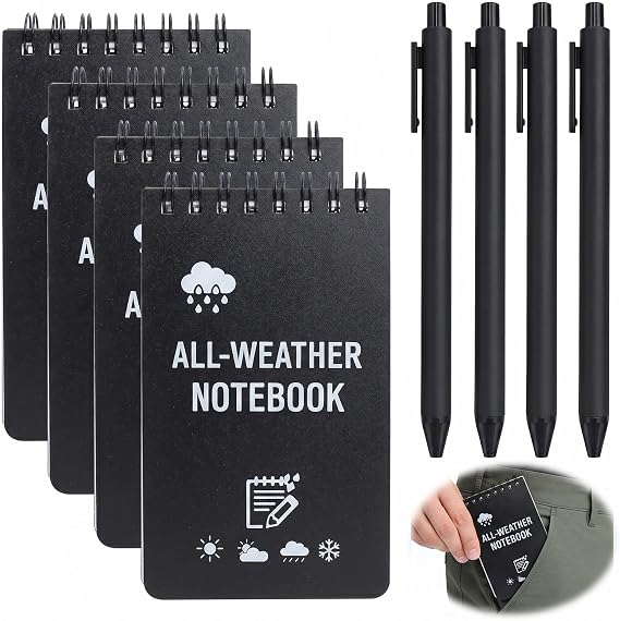 4 Pack Mini Waterproof Notebook, 3x5in Pocket Notepads with 4Kraft Paper Pens All-Weather Memo Pads Military Mini Notebook 50 Page with Top-Spiral for Office, Outdoors, School (Black)