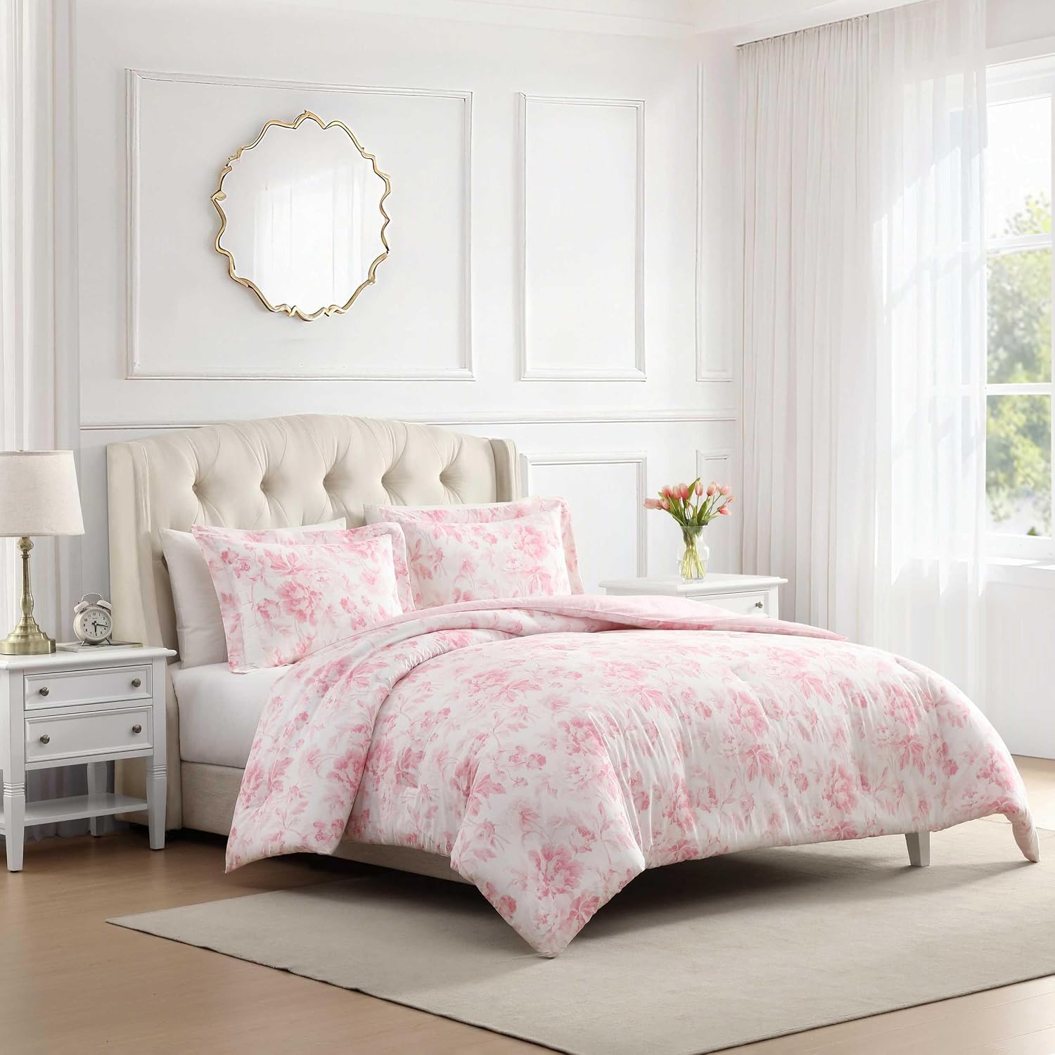 Laura Ashley - Queen Comforter Set, 100% Soft Cotton Bedding with a Textured Feel, Floral Bedding for Year Round Comfort, 3 Piece Bed Set with Matching Pillowcases (Anja Toile Pink)