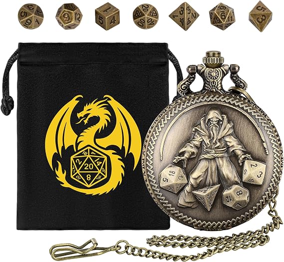 Mini DND Dice Set with Hand held Dice Wizard Pocket Watch Shell Case, 7pcs Polyhedral Metal Dice Set, D&D Starter Set, DND Gifts with Gift Bag, Role Playing Board Games Accessories, Bronze
