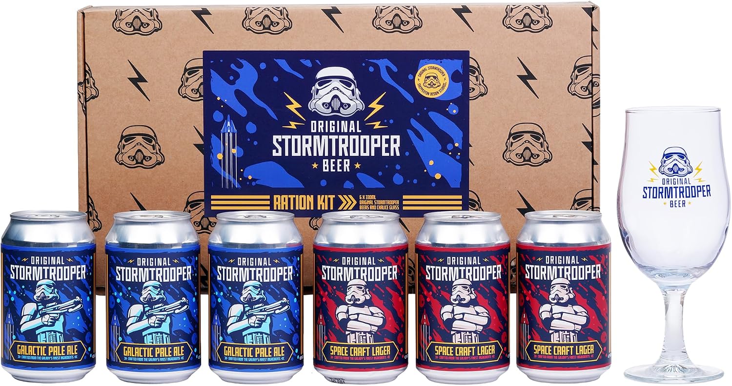 Original Stormtrooper Ration Kit – 3 x 330ml Galactic Pale Ale Can (4.8% ABV) and 3 x 330ml Space Craft Lager Can (4.2% ABV) with branded Chalice Glass.