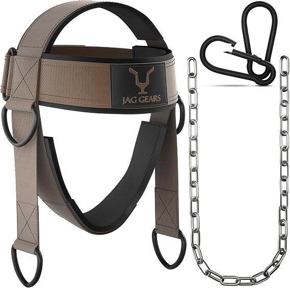 Neck Harness Weight Lifting Training - 7 mm Neoprene Padded Neck Trainer with 110 cm Long Adjustable Steel Chain for Neck Training - Head Harness Exerciser for Gym and Strenghth Training (Brown)