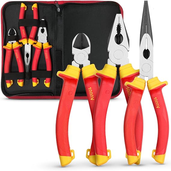 3-Piece Electrician Pliers Set, Insulated and VDE Tested Combined, Long/Thin Nose & Side Cutting Pliers/Diagonal Cutting Pliers