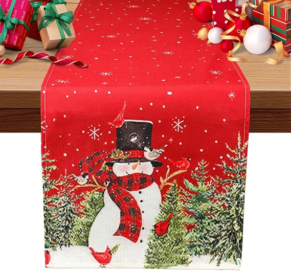 Watercolor Red and Black Christmas Trees Santa Merry Xmas Table Runner, Winter Holiday Kitchen Dining Table Decoration for Indoor Outdoor Home Party Decor 13 x 71 Inch