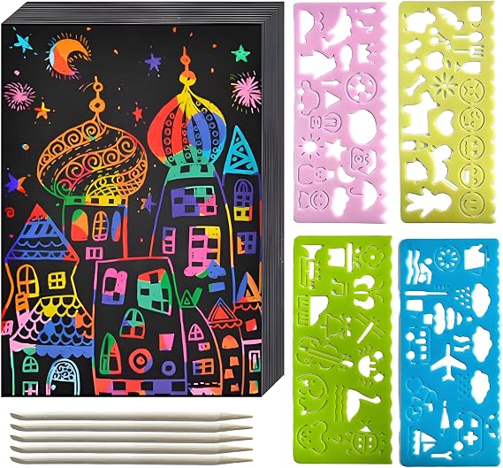50Pcs Rainbow Scratch Art Paper Set for Kids,A4 Size(8.27 * 11.69in) Magic DIY Painting Art Paper for Kids with 4 Templates and 5 Wooden Scraper Pens