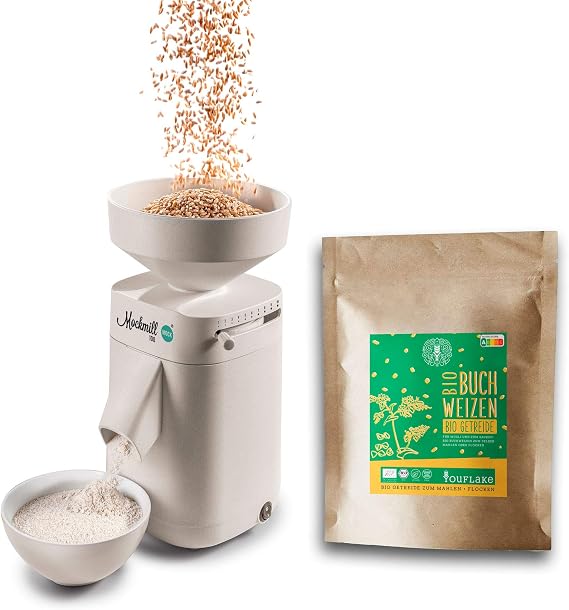 Mockmill 100 Grain Mill Made in Germany Corundum and Ceramic Grinding Stone (Mockmill 100 + Organic Buckwheat)