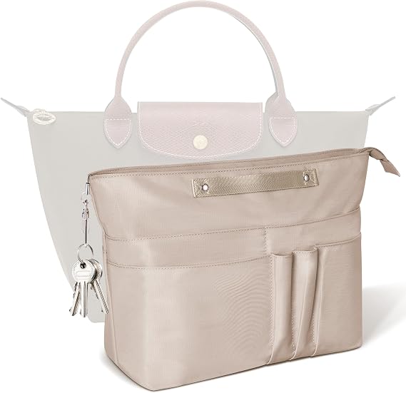 GoTiling Bag Organiser for Longchamp Le Pliage, Waterproof Handbag Organiser Insert with 15 Pockets, Zipper and Retractable Key Chain, Shaping Divider for Tote Bag (Beige, XL)