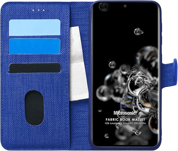 Microsonic Samsung Galaxy S20 Ultra için Kılıf Fabric Book Wallet Lacivert [Galaxy S20 Ultra ile Uyumlu Kılıf - Lacivert]